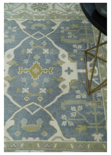 Custom Made Hand Knotted Oriental Oushak Ivory, Charcoal and Olive Wool Area Rug