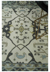 Custom made Hand Knotted Oriental Oushak Ivory, Charcoal and Olive Wool Area Rug