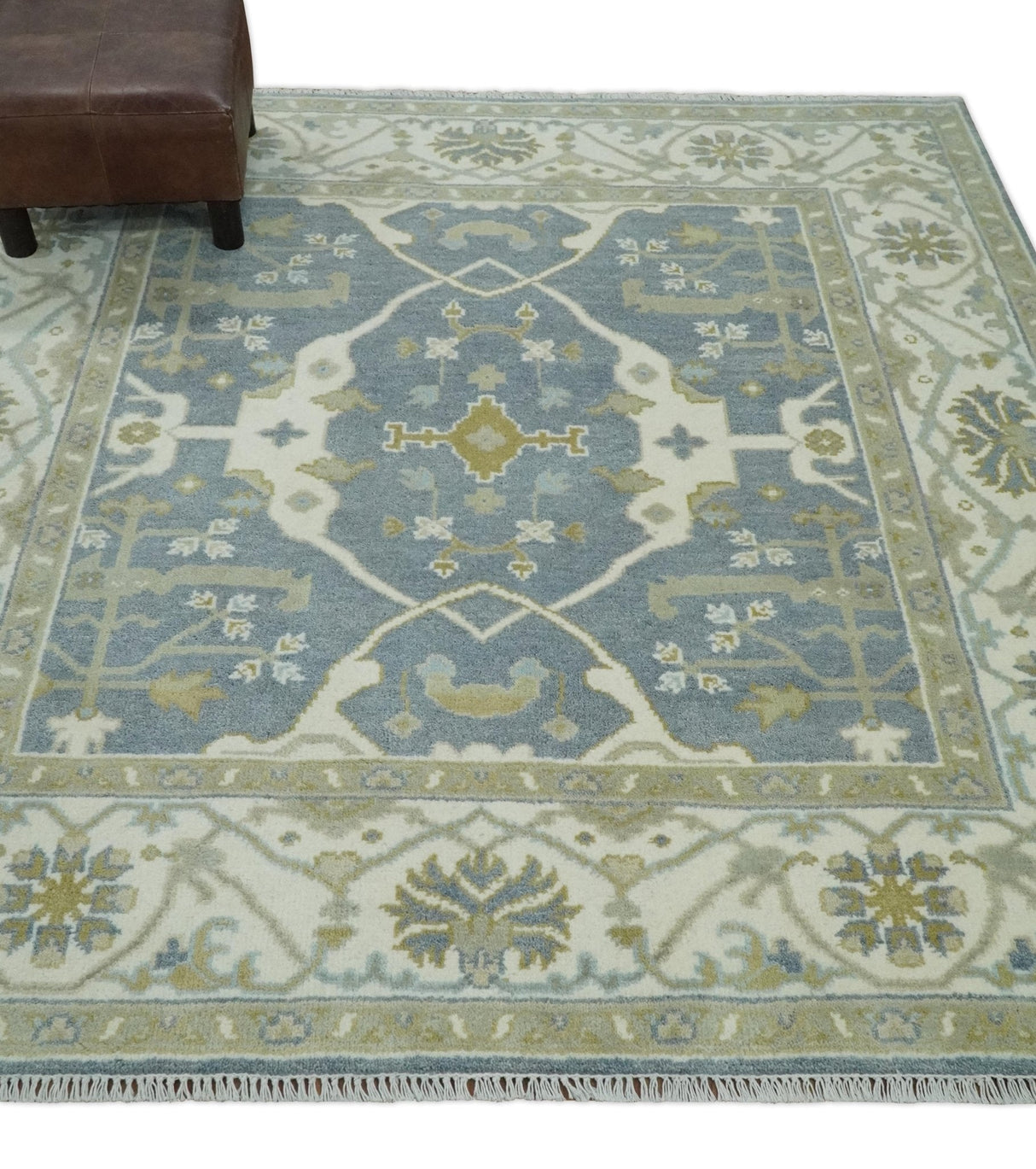 Custom Made Hand Knotted Oriental Oushak Ivory, Charcoal and Olive Wool Area Rug