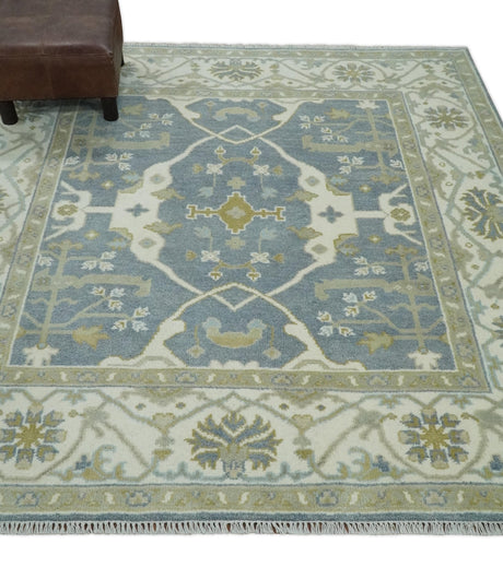 Custom Made Hand Knotted Oriental Oushak Ivory, Charcoal and Olive Wool Area Rug