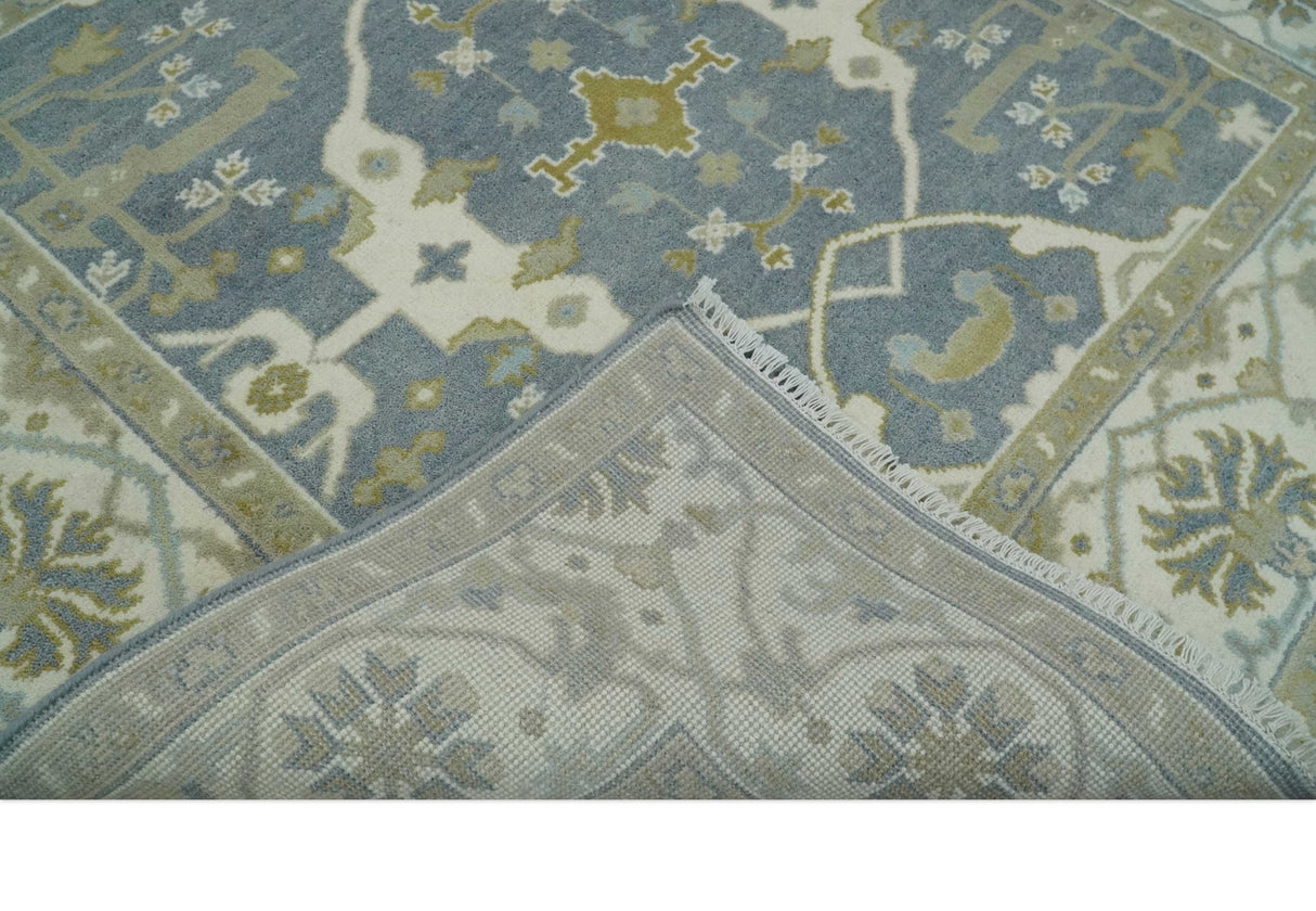 Custom Made Hand Knotted Oriental Oushak Ivory, Charcoal and Olive Wool Area Rug