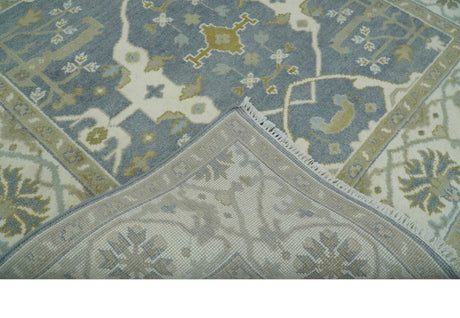 Custom Made Hand Knotted Oriental Oushak Ivory, Charcoal and Olive Wool Area Rug