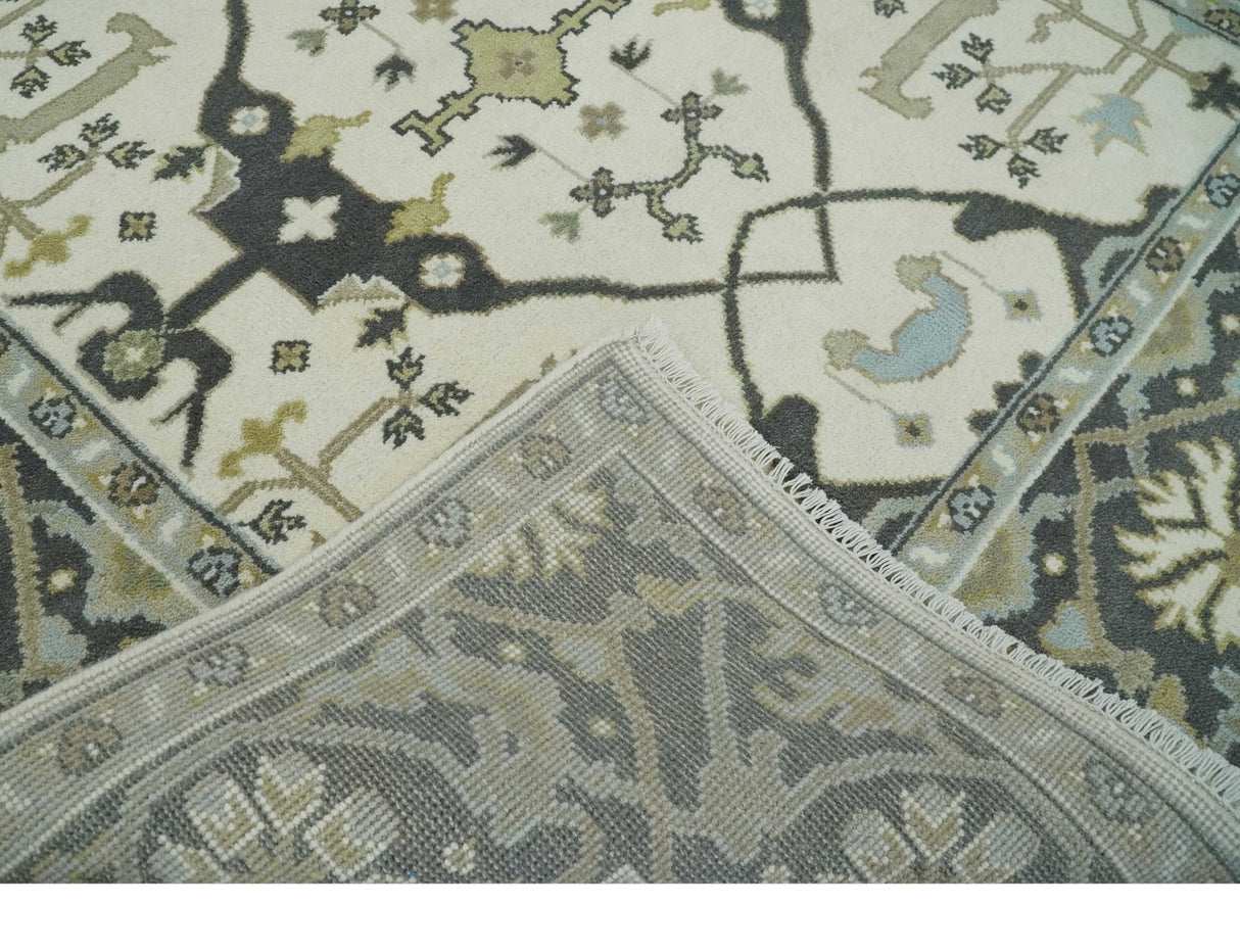 Custom made Hand Knotted Oriental Oushak Ivory, Charcoal and Olive Wool Area Rug