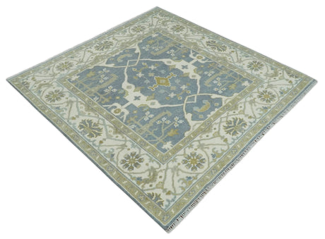 Custom Made Hand Knotted Oriental Oushak Ivory, Charcoal and Olive Wool Area Rug