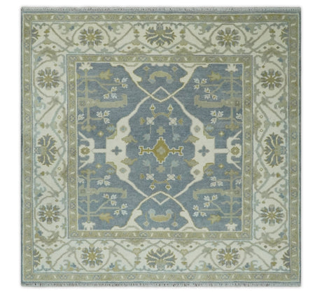 Custom Made Hand Knotted Oriental Oushak Ivory, Charcoal and Olive Wool Area Rug