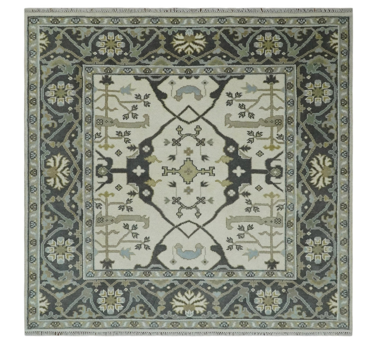Custom made Hand Knotted Oriental Oushak Ivory, Charcoal and Olive Wool Area Rug