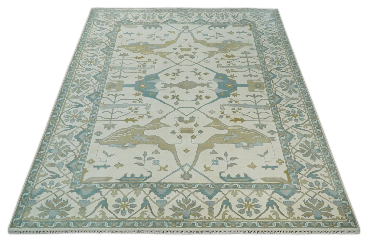 Custom Made Hand Knotted Oriental Oushak Ivory, Teal and Beige Wool Area Rug