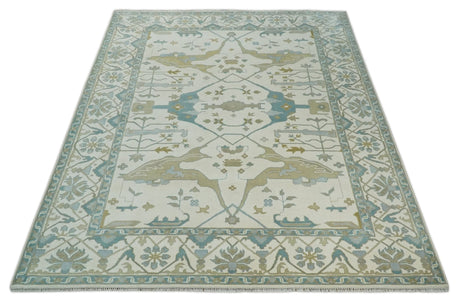Custom Made Hand Knotted Oriental Oushak Ivory, Teal and Beige Wool Area Rug