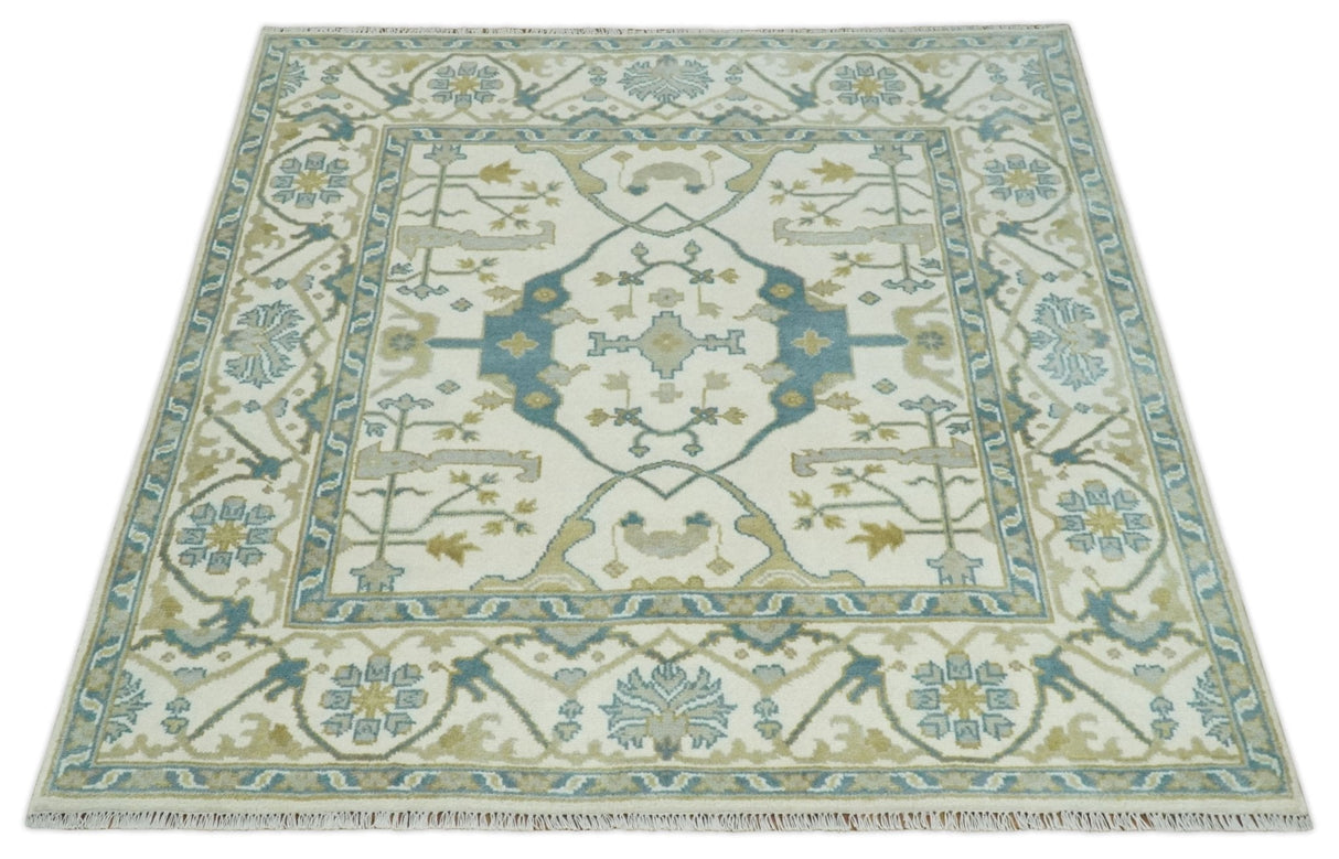 Custom Made Hand Knotted Oriental Oushak Ivory, Teal and Beige Wool Area Rug