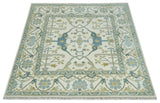 Custom Made Hand Knotted Oriental Oushak Ivory, Teal and Beige Wool Area Rug