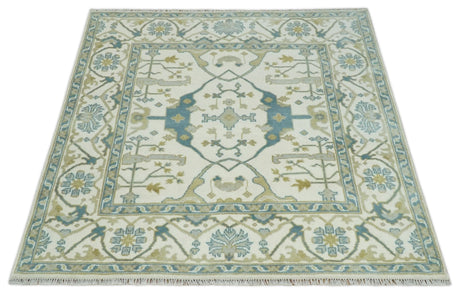 Custom Made Hand Knotted Oriental Oushak Ivory, Teal and Beige Wool Area Rug