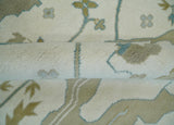Custom Made Hand Knotted Oriental Oushak Ivory, Teal and Beige Wool Area Rug