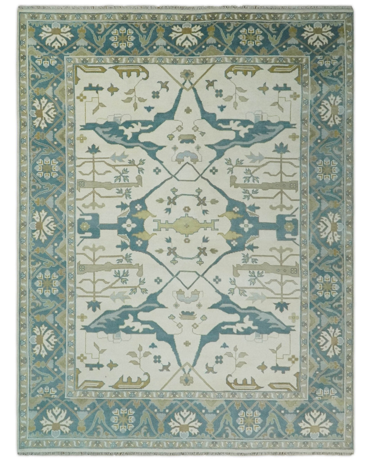 Custom Made Hand Knotted Oriental Oushak Ivory, Teal and Beige Wool Area Rug