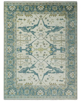 Custom Made Hand Knotted Oriental Oushak Ivory, Teal and Beige Wool Area Rug