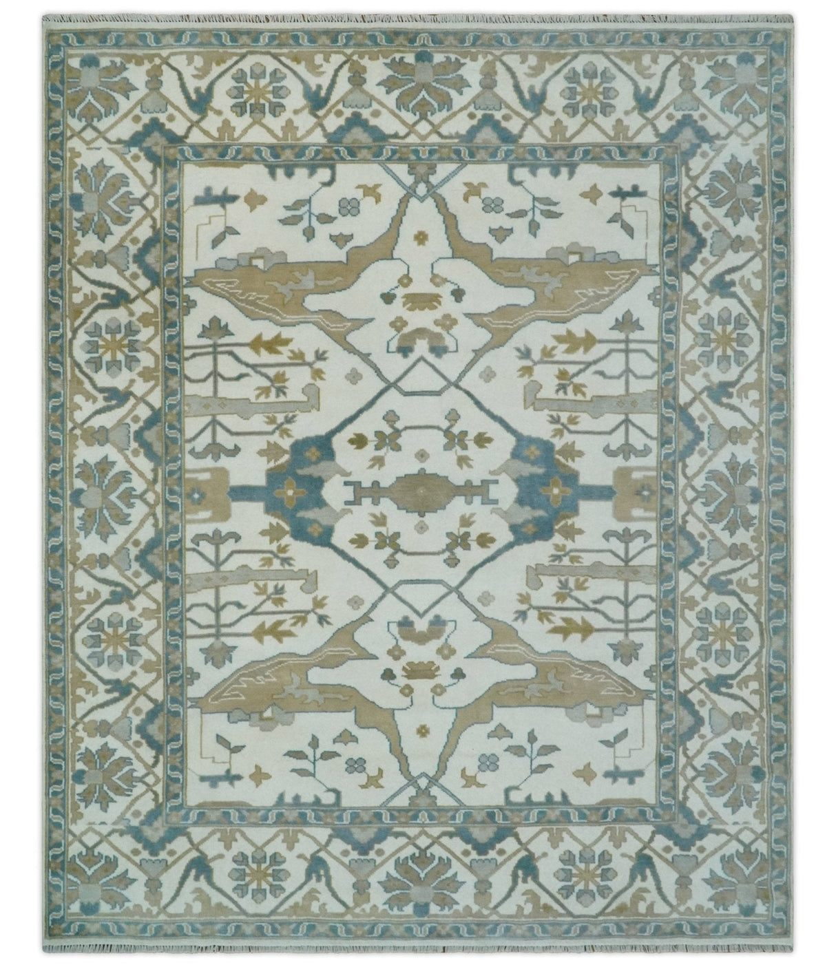 Custom Made Hand Knotted Oriental Oushak Ivory, Teal and Beige Wool Area Rug