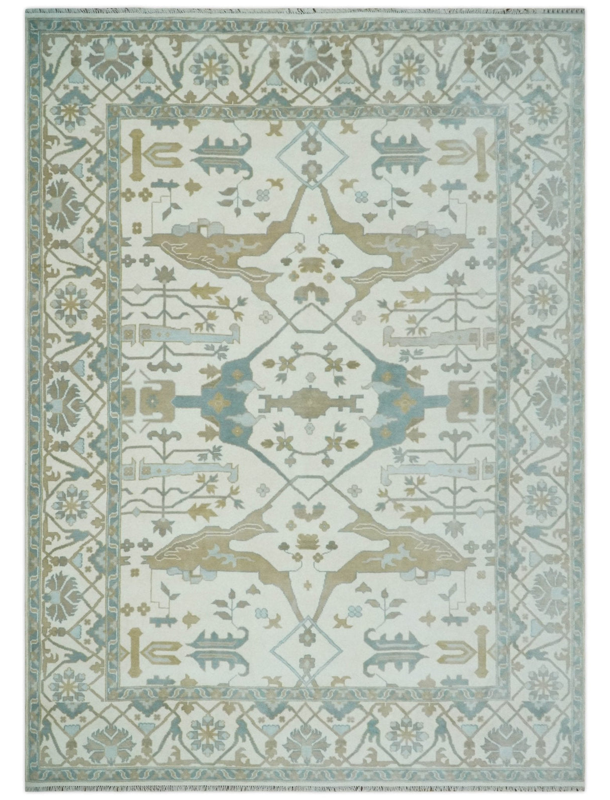 Custom Made Hand Knotted Oriental Oushak Ivory, Teal and Beige Wool Area Rug