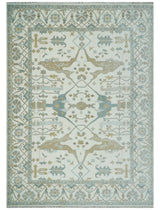 Custom Made Hand Knotted Oriental Oushak Ivory, Teal and Beige Wool Area Rug
