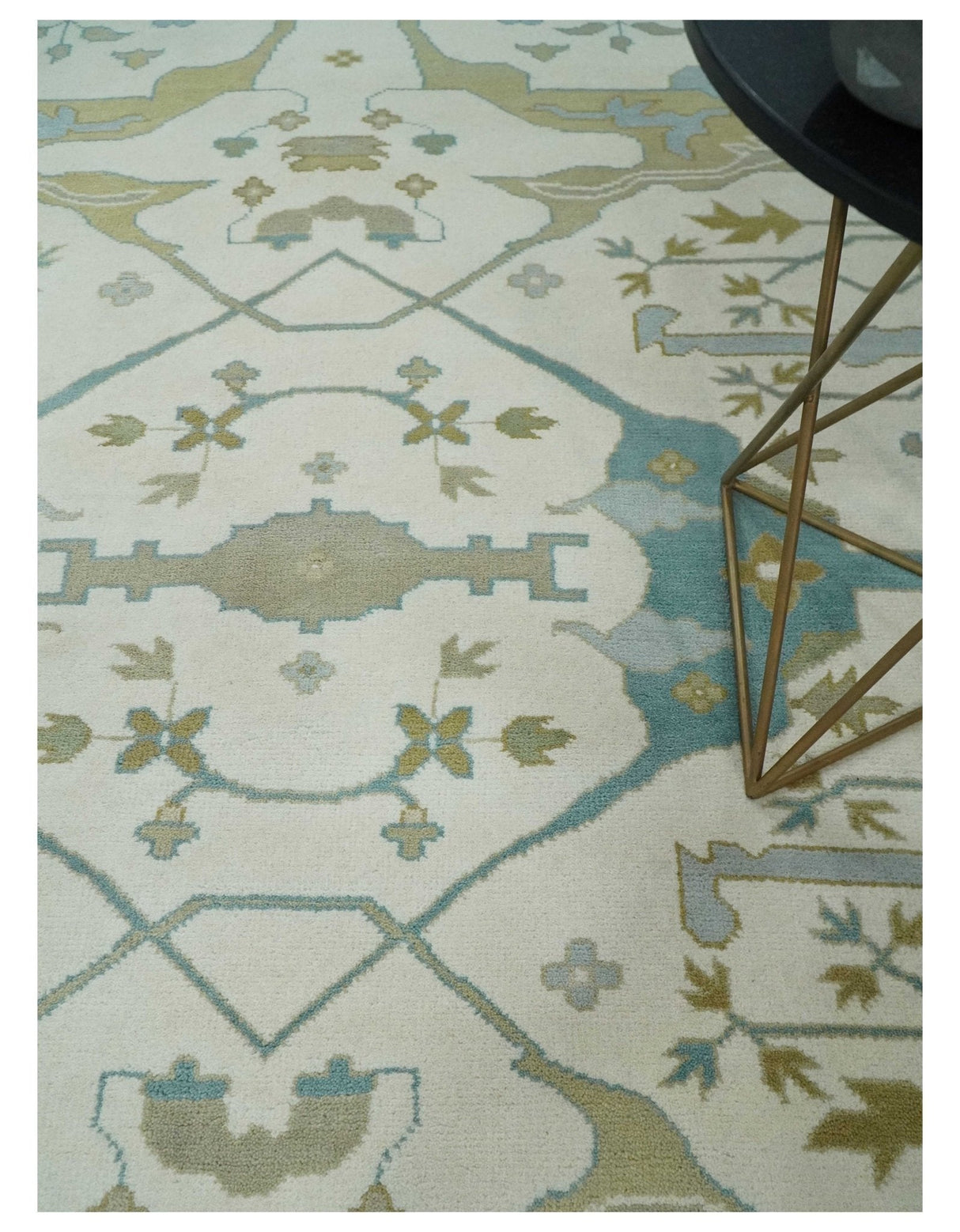 Custom Made Hand Knotted Oriental Oushak Ivory, Teal and Beige Wool Area Rug