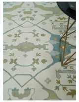 Custom Made Hand Knotted Oriental Oushak Ivory, Teal and Beige Wool Area Rug