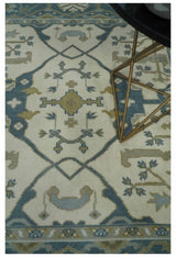 Custom Made Hand Knotted Oriental Oushak Ivory, Teal and Beige Wool Area Rug