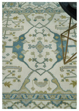 Custom Made Hand Knotted Oriental Oushak Ivory, Teal and Beige Wool Area Rug
