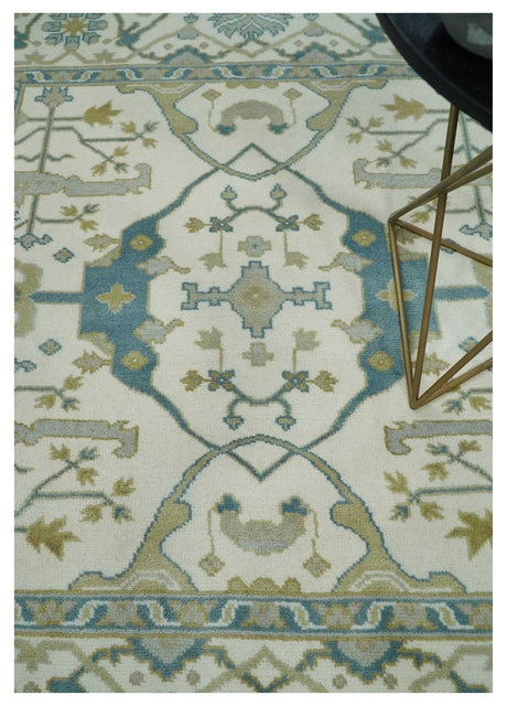 Custom Made Hand Knotted Oriental Oushak Ivory, Teal and Beige Wool Area Rug