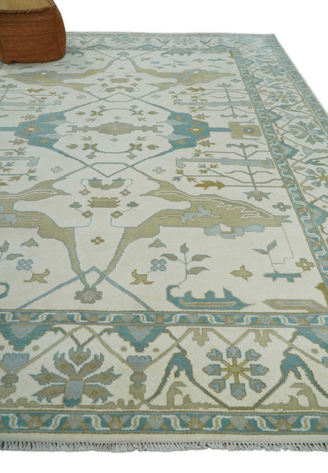 Custom Made Hand Knotted Oriental Oushak Ivory, Teal and Beige Wool Area Rug