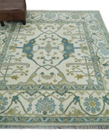 Custom Made Hand Knotted Oriental Oushak Ivory, Teal and Beige Wool Area Rug