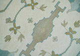 Custom Made Hand Knotted Oriental Oushak Ivory, Teal and Beige Wool Area Rug