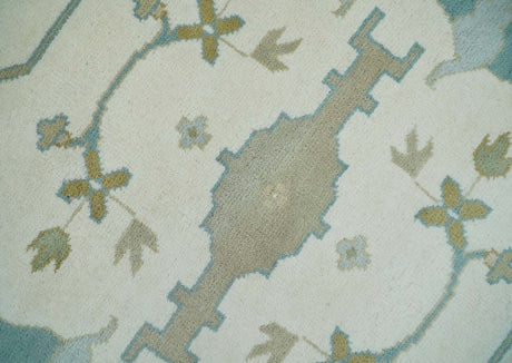 Custom Made Hand Knotted Oriental Oushak Ivory, Teal and Beige Wool Area Rug