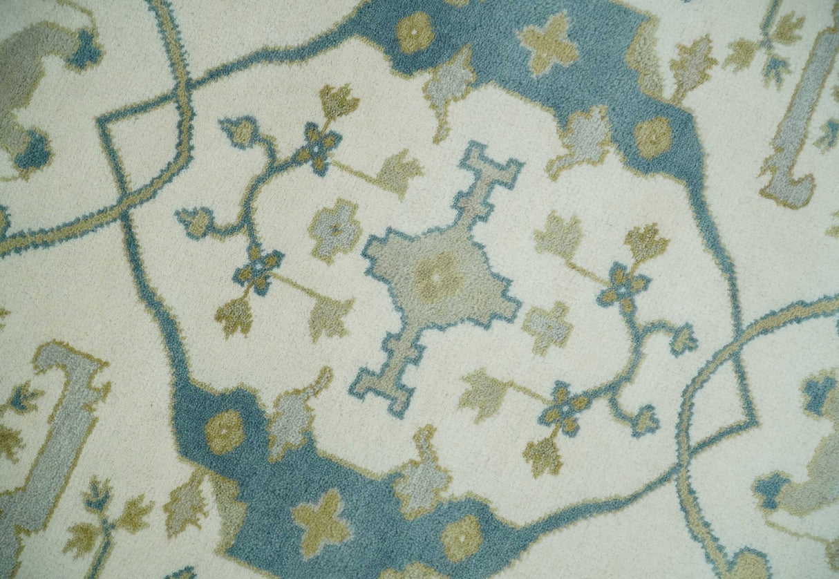 Custom Made Hand Knotted Oriental Oushak Ivory, Teal and Beige Wool Area Rug
