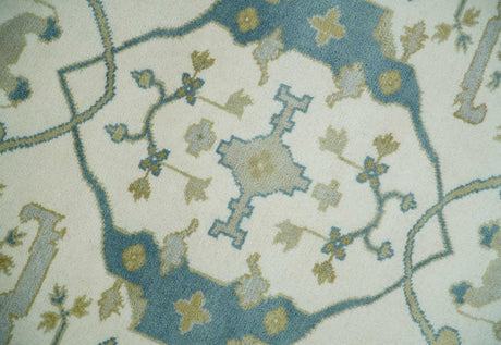 Custom Made Hand Knotted Oriental Oushak Ivory, Teal and Beige Wool Area Rug