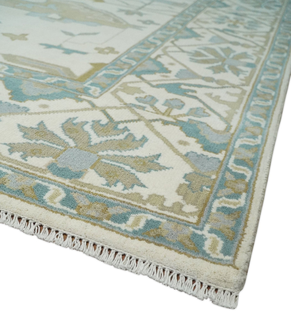 Custom Made Hand Knotted Oriental Oushak Ivory, Teal and Beige Wool Area Rug