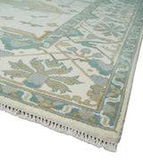 Custom Made Hand Knotted Oriental Oushak Ivory, Teal and Beige Wool Area Rug