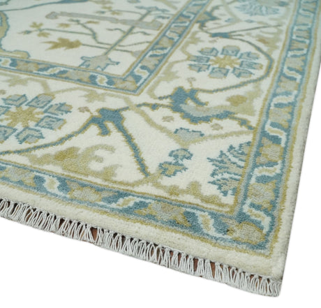 Custom Made Hand Knotted Oriental Oushak Ivory, Teal and Beige Wool Area Rug