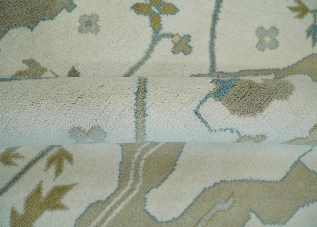 Custom Made Hand Knotted Oriental Oushak Ivory, Teal and Beige Wool Area Rug