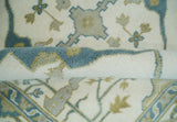 Custom Made Hand Knotted Oriental Oushak Ivory, Teal and Beige Wool Area Rug