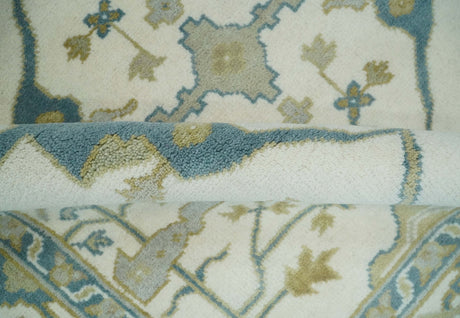 Custom Made Hand Knotted Oriental Oushak Ivory, Teal and Beige Wool Area Rug