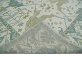 Custom Made Hand Knotted Oriental Oushak Ivory, Teal and Beige Wool Area Rug