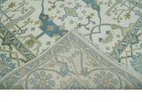Custom Made Hand Knotted Oriental Oushak Ivory, Teal and Beige Wool Area Rug