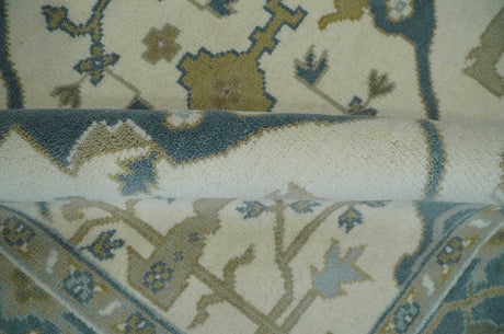 Custom Made Hand Knotted Oriental Oushak Ivory, Teal and Beige Wool Area Rug