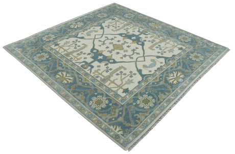 Custom Made Hand Knotted Oriental Oushak Ivory, Teal and Beige Wool Area Rug