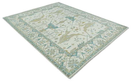 Custom Made Hand Knotted Oriental Oushak Ivory, Teal and Beige Wool Area Rug