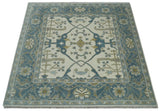 Custom Made Hand Knotted Oriental Oushak Ivory, Teal and Beige Wool Area Rug