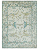 Custom Made Hand Knotted Oriental Oushak Ivory, Teal and Beige Wool Area Rug