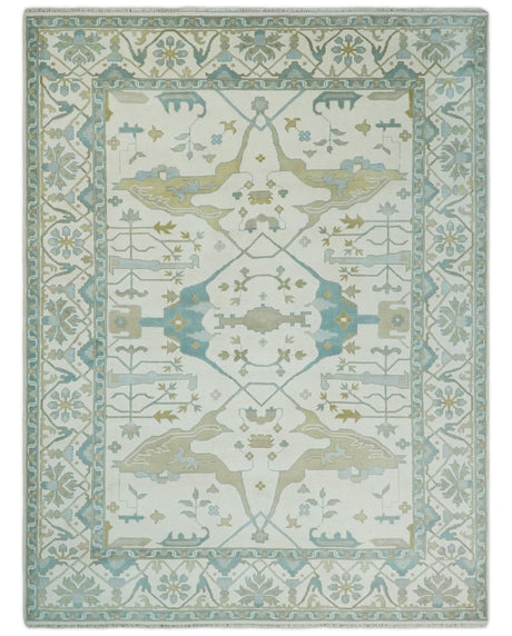 Custom Made Hand Knotted Oriental Oushak Ivory, Teal and Beige Wool Area Rug