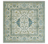 Custom Made Hand Knotted Oriental Oushak Ivory, Teal and Beige Wool Area Rug