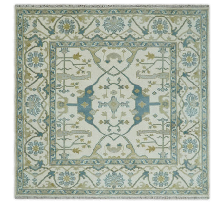 Custom Made Hand Knotted Oriental Oushak Ivory, Teal and Beige Wool Area Rug