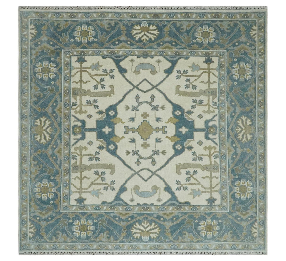 Custom Made Hand Knotted Oriental Oushak Ivory, Teal and Beige Wool Area Rug