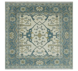 Custom Made Hand Knotted Oriental Oushak Ivory, Teal and Beige Wool Area Rug
